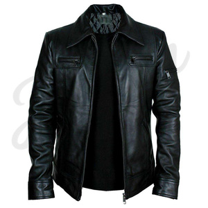 Chaqueta de cuero negra para hombre, estilo clásico, motero, fabricante OEM ODM, chaqueta de cuero para motocicleta con cremallera, estilo casual urbano. - Product Image 2