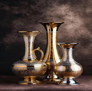 Elegant set of three tall cylindrical <b>gold</b> metal <b>vases</b> with beautiful openwork lattice design available at wholesale prices. - Product Image 4