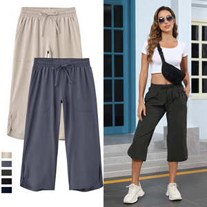 Pantalon large pour femme, couleur unie, longueur mollet, taille à cordon, coupe ample, style décontracté d'été, tissu polyester - Product Image 5