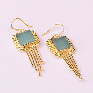 ต่างหูทรงหยดน้ำวินเทจประดับแคลซิโดนีสีน้ำเงินทรงสี่เหลี่ยมทำจากทองเหลืองชุบเงินสำหรับงานปาร์ตี้ - Product Image 3