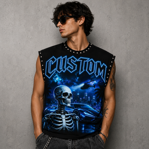 SHH INDUSTRIES Débardeur surdimensionné personnalisé sans manches 100% Coton Lavé Écologique Imprimé Crâne et Voiture Streetwear Riveté - Product Image 4