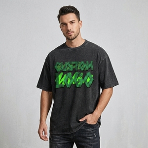 T-shirt en coton surdimensionné avec logo personnalisé brodé en 3D, effet délavé vintage, streetwear décontracté pour hommes - Product Image 2