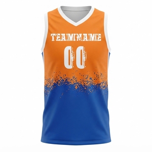 Ensemble de maillots de basket-ball sublimés personnalisés, dégradé orange et bleu, col en V, sans manches, évacuation de l'humidité, vêtements unisexes pour adultes - Product Image 4