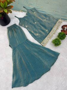 Sleeveless Slim Fit Sharara Suit Premium Chanderi Silk Short <b>Kurti</b> Gota Patti Work Modern Indian Wedding Party Outfit - Product Image 3