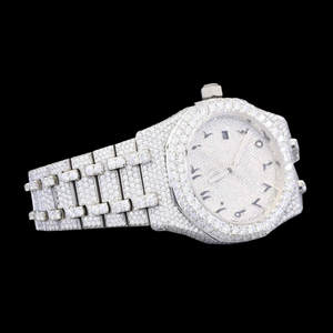 Reloj de Lujo de Marca con Esfera Redonda, Números Arábigos, Oro Blanco, Totalmente Cubierto de Diamantes Moissanite, Movimiento de Cuarzo, Estilo Hip Hop - Product Image 2