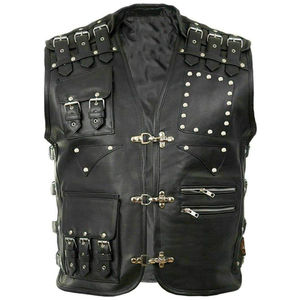 Gilet moto en cuir véritable pour homme avec rivets décoratifs, fermeture à ceinture, sans col, couleur unie, vêtement d'extérieur d'automne, gilet en cuir en gros - Product Image 2