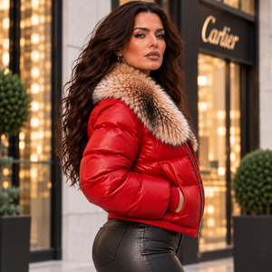 Veste matelassée coupe-vent en cuir véritable à carreaux pour femme avec col en fourrure de renard, fermeture éclair, design fin, style streetwear - Product Image 4