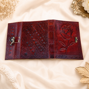 Red <b>Leather</b> Hardcover Diary With Embossed Rose Design And Metal Clasp - Product Image 2