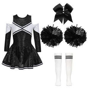 Conjunto de uniforme de porristas, vestido rojo y blanco de manga larga con pompones, lazo y calcetines hasta la rodilla para niños - Product Image 3