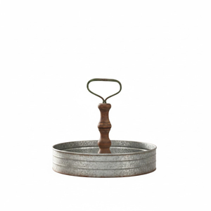 Bandeja Redonda de Metal Galvanizado Estilo Rústico con Asa de Madera, Organizador Decorativo Vintage para Mesa de Centro o Otomana - Product Image 1