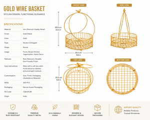 Golden Metal Wire Storage Basket Circle Shape With Bird Handle Elegant Home Decor Organizer for Kitchen and Living Space - Product Image 5