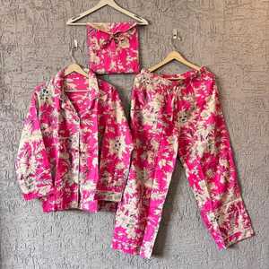 Conjunto de pijama de algodón con estampado floral, cintura elástica, corte holgado, manga tres cuartos, ropa de dormir informal para primavera - Product Image 6
