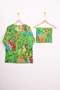 Conjunto de Pijama de Algodón Estampado a Mano para Mujer, Ropa de Dormir con Estampado Floral, Cuello Redondo, Conjunto de Tres Piezas - Product Image 3