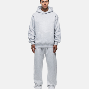 Men's Gray Hooded <b>Tracksuit</b> Full Length Solid Color Casual Sweatshirt and Pants Set Breathable 100% Cotton Loose Fit Autumn Wear - Product Image 1