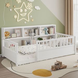 Letto singolo in legno bianco per bambini con sponda a recinzione e contenitore laterale, funzione decorativa - Product Image 2