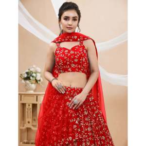 Red Embroidered Georgette <b>Wedding</b> Lehenga Choli - Product Image 3