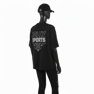 Ensemble haut de gamme pour femmes : t-shirt en coton 200 GSM et legging extensible en spandex avec logo en strass noir imprimé par transfert thermique - Product Image 4