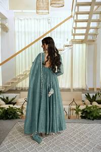<b>Teal</b> Floor-Length Anarkali <b>Suit</b> With Embroidery For <b>Women</b> Traditional Indian Wear Wedding Style Loose Fit Rayon Dress - Product Image 4