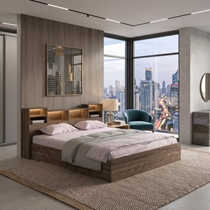 Lit plateforme moderne 2238 Queen Size avec bibliothèque intégrée, tête de lit et étagères de rangement pour chambre principale, robuste - Product Image 1