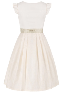 Robe midi trapèze blanche en coton pour femme, manches courtes à volants, col festonné, taille naturelle, ceinture en ruban, style décontracté d'été - Product Image 3
