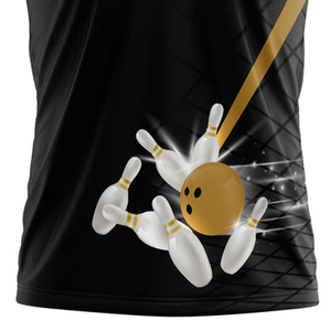Maillot de bowling personnalisé de haute qualité pour homme, manches courtes, anti-humidité, impression par sublimation, vêtements de sport d'équipe, coupe classique, noir et or - Product Image 4