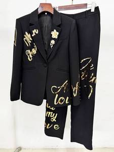 Womens Black Gold Sequin Cursive Lettering <b>Blazer</b> Suit <b>Set</b> 2 Piece Tailored Pantsuit - Product Image 1