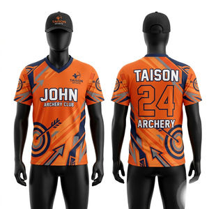 Maillot de tir à l'arc en polyester interlock premium 180 GSM, gris, noir, bleu, or, avec design de panneaux latéraux et impression par sublimation personnalisée du logo - Product Image 2