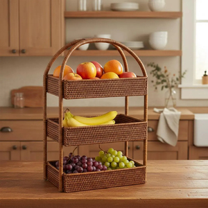 Étagère à 3 niveaux en rotin tressé à la main du Vietnam, style bohème, pour cuisine, rangement et présentation, avec poignées – Fournisseur - Product Image 1