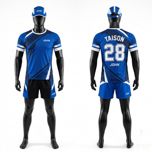 ชุดวิ่งผู้ชาย 150 GSM ผ้าโพลีเอสเตอร์ระบายอากาศได้ดี สีน้ำเงินกรมท่า ดีไซน์แผงสีขาว พิมพ์ลายแบบ Sublimation พร้อมโลโก้สั่งทำพิเศษ - Product Image 1