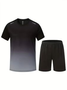 Men Summer Quick Dry Sports Jersey and Running Shorts <b>Set</b> Gradient Color Breathable Front Logo Crew Neck Polyester Team Wear - Product Image 6