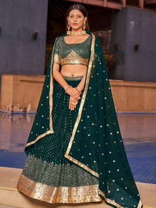 Green Silk Sequin Leheriya Lehenga <b>Set</b> with <b>Short</b> <b>Top</b> <b>and</b> Embroidered Dupatta Banarasi Style Women's Wedding Party Wear One <b>Set</b> - Product Image 1