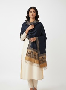 Chal de cachemira azul marino con patrón geométrico y borlas para mujer, ropa de invierno - Product Image 3