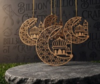 Ornements suspendus en bois découpés au laser en forme de croissant de lune et de mosquée pour la décoration du Ramadan et de l'Aïd (vente en gros)