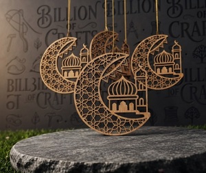 Adornos Colgantes de Madera con Corte Láser de Luna Creciente y Mezquita para Decoración de Ramadán y Eid, Venta al Por Mayor - Product Image 1