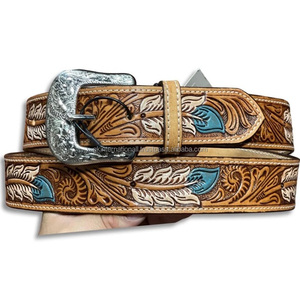 Cinturón de Cuero Genuino para Hombre, Diseño Floral Tallado a Mano, Colorido, Estilo Western, para Jeans o Pantalones - Product Image 6