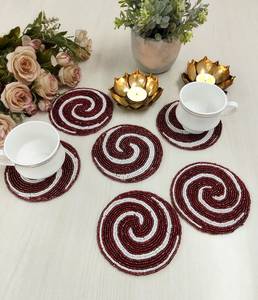 Handmade Beaded Coaster Set Of 6 Red White Swirl <b>Bar</b> Mats Reusable Drinkware Accessories - Product Image 5