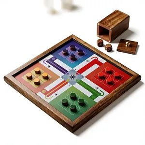 Jeu de société Ludo en bois pour 4 joueurs, jeu de stratégie familial classique avec des pions colorés, des dés et une boîte de rangement - Product Image 1