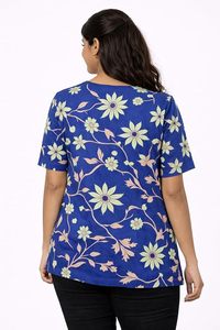 <b>Women's</b> Blue Floral Embroidered <b>Short</b> <b>Sleeve</b> T-<b>Shirt</b> O-Neck Loose Fit Casual Top Spring Summer Cotton Knitted - Product Image 4