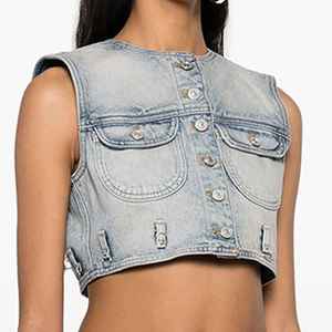 Nuevo top elegante sin tirantes y sin mangas sobre chaleco vaquero irregular, diseño halter para mujer. - Product Image 3