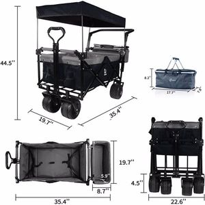 Collapsible Heavy Duty Folding Wagon Cart Removable Canopy 4\" Wide Large All Terrain Wheels Brake Adjustable Hand for Camping - Product Image 2