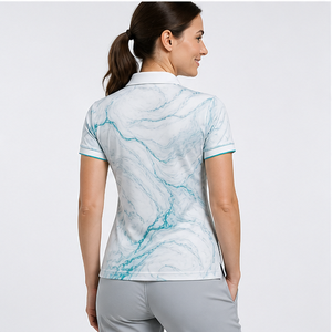 Custom Logo <b>Womens</b> <b>White</b> Aqua Marble Short Sleeve <b>Polo</b> <b>Shirt</b> Quick Dry Sublimation Golf Sportswear - Product Image 3