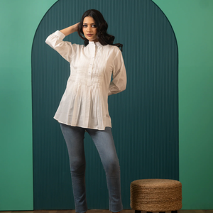 เสื้อเชิ้ตผ้าฝ้ายสีขาวซูกูน พินทัคแขนยาวแบบคลาสสิกติดกระดุม |   ชุดทำงานลำลองสำหรับผู้หญิง สไตล์ใส่ได้ทุกวัน - Product Image 1