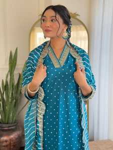 Kurti recto de viscosa Chanderi color firozi para mujer, el más vendido, con pantalón y dupatta con estampado digital. - Product Image 2