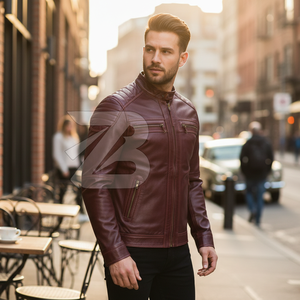 Custom Brand Men's <b>Genuine</b> Leather Waterproof Windproof Eco-Friendly Motorcycle Jacket Burgundy Red Stand Collar YKK Zipper High - Product Image 1