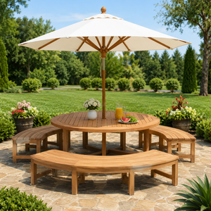 Luxury Teak Round Outdoor <b>Dining</b> <b>Set</b> <b>with</b> Curved <b>Benches</b> and Wooden Umbrella for Garden Resort Patio Furniture - Product Image 1