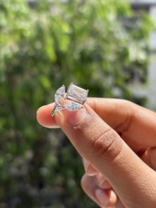 Classic <b>Emerald</b> Cut Diamond Three Stone <b>Ring</b> Elegant Marquise Side Accent Tapered <b>Band</b> Solid Gold Luxury Engagement Jewelry - Product Image 1