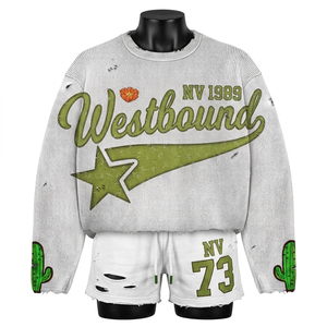 ชุดเสื้อสเวตเชิ้ตและกางเกงขาสั้นผ้าคอตตอนโพลีเอสเตอร์เนื้อนุ่มพิเศษ 420 GSM สีขาวลายเปลวไฟ พร้อมบริการสกรีนลาย DTG ตามสั่ง สำหรับผู้ชาย - Product Image 4