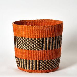 Modern Minimalist Seagrass Storage <b>Basket</b> with Orange Stripe Design Hand Woven Laundry <b>Hamper</b> Container Bin Style - Product Image 2