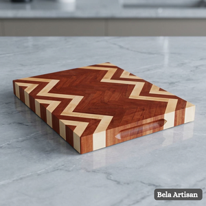Tabla de cortar de acacia de grano final de primera calidad Bela Artisan, diseño geométrico en zigzag, 1.5 cm de grosor, apta para lavavajillas, con asa para carne - Product Image 1