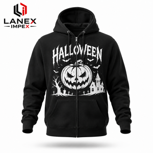 New Design Custom Halloween <b>Zip</b> Up Hoodie Men Black Fleece Sweatshirt Pumpkin Graphic Print <b>Hooded</b> Jacket OEM ODM Streetwear - Product Image 1